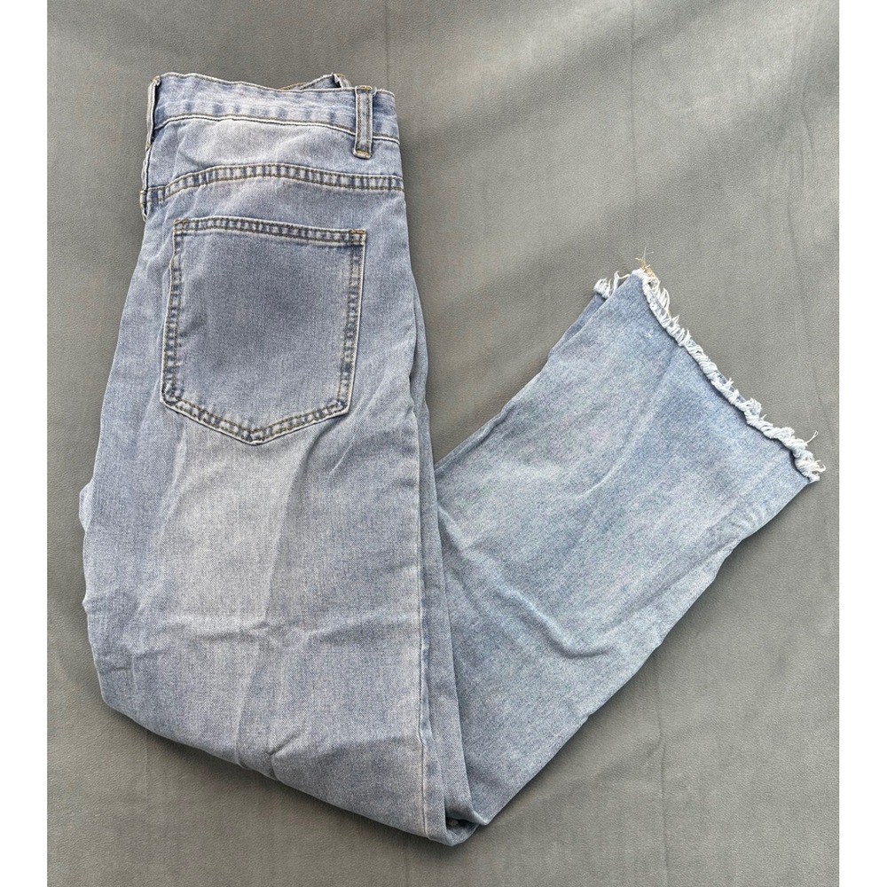 Womens Distressed Patchwork Straight Jeans Light Wash High Rise Raw Hem 29x27